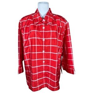 Linea by Louis Dell'Olio Red White Windowpane 100% Silk Blouse Plus 2X A107319